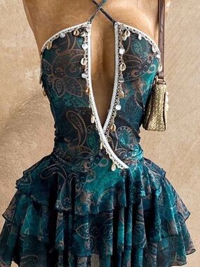 Teal Paisley Ruffle Mini Dress with Shell Trim